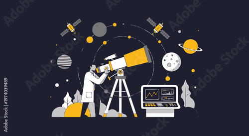 Astronomer Observing Celestial Bodies Through a Powerful Telescope Illustration.