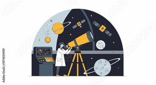 Astronomer Observing Celestial Bodies Through a Powerful Telescope Illustration.