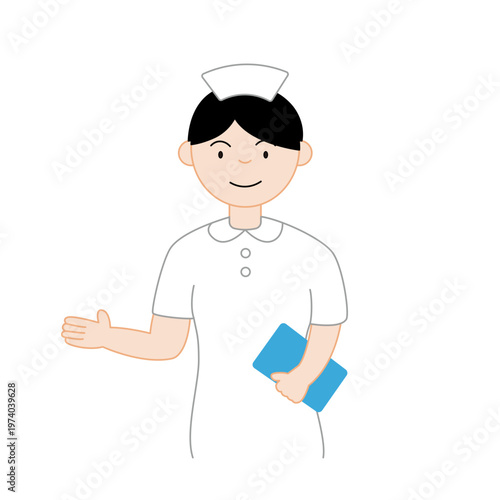 手書き風イラスト | 優しい色合いで案内する看護師の女性と青いカルテを持つ医療従事者 | 病院やクリニックのウェブデザイン素材