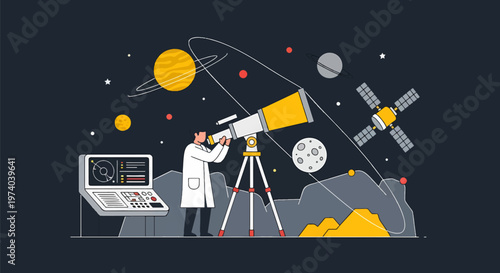 Astronomer Observing Celestial Bodies Through a Powerful Telescope Illustration.