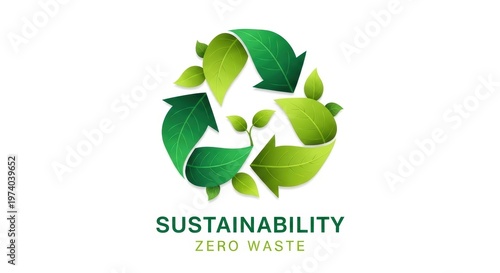 Sustainability zero waste recycle symbol, green leaf recycling icon with arrows, eco friendly environmental conservation concept on white background
