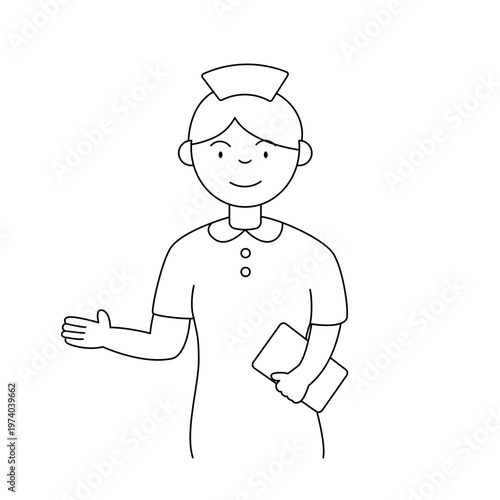 手書き風イラスト | 笑顔で案内する看護師の女性とカルテを持つ医療従事者の線画モノクロ素材 | 病院やクリニックの告知用カット