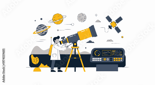 Astronomer Observing Celestial Bodies Through Telescope with Scientific Instruments.
