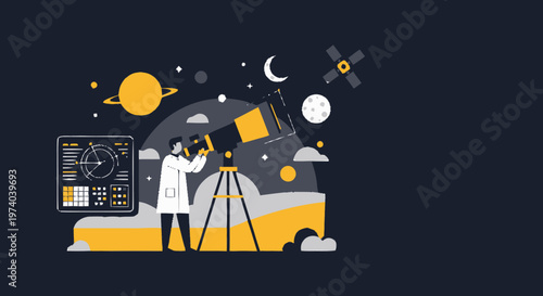Astronomer Observing Celestial Bodies Through Telescope with Scientific Instruments.