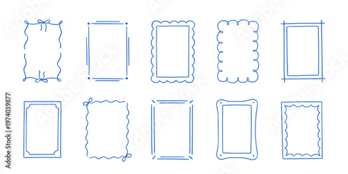 Frame border hand drawn line set. Frame border line hand drawn doodle rectangle vintage wavy bow picture. Cute whimsical decoration scallop squiggly curly wedding invitation. Vector illustration