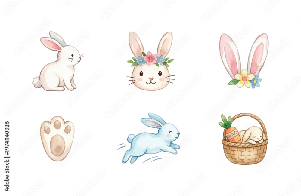 Fototapeta premium Set of 6 Cute Watercolor Bunny Icons for Easter and Baby Design