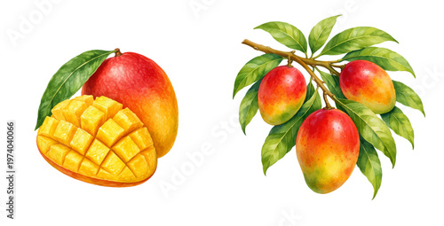 A charming watercolor collection of mango featuring ripe tropical fruits with sliced cubes and leafy branches illustrated in a natural botanical food style.