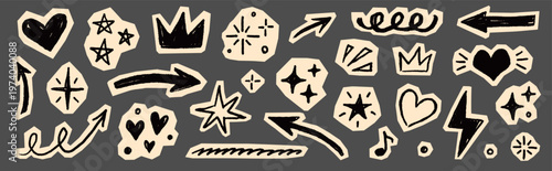 Scrapbook collage sticker element set. Hand drawn paper cut collage with crayon doodle line brush texture. Cute planner craft template design with heart circle arrow star label frame. Vector