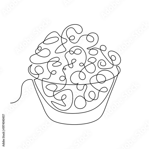 Minimalistic continuous line breakfast bowl icon. Protein source cottage cheese or porridge for healthy food branding. Oatmeal or curd in one line art style for naive art logo and design projects