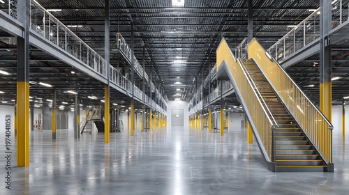 A modern industrial warehouse interior with mezzanine.