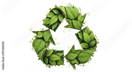 Green leaf recycle symbol on white background, eco friendly recycling icon made of fresh foliage, sustainable environmental conservation concept