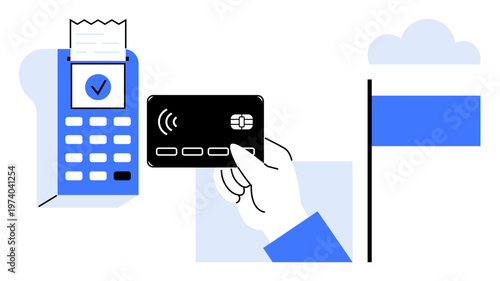 Digital banking, financial transactions, e-commerce, technology, secure payments, retail shopping. Hand holding a credit card near a card reader with a receipt. Digital banking and financial
