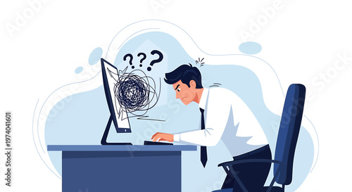 Confused businessman struggling with computer screen, mental overload, stress, and difficult task