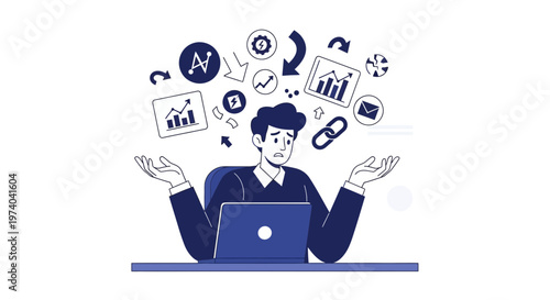 Confused businessman with laptop surrounded by chaotic business icons and charts
