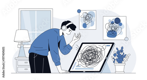 Confused person with headphones looking at a messy screen on a laptop, symbolizing stress and overload.