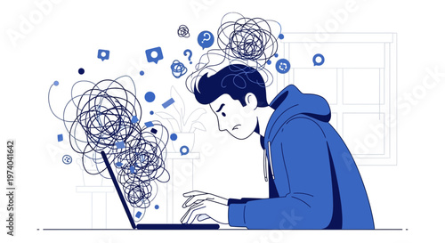 Confused young man struggling with complex thoughts and information overload on laptop