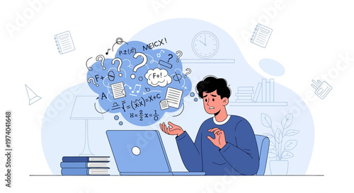 Confused student struggling with online learning, math problems, and homework overload