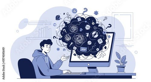 Confused student overwhelmed by complex thoughts and information overload from computer