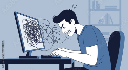 Frustrated Man Struggling with Computer Screen Glitch and Coding Errors