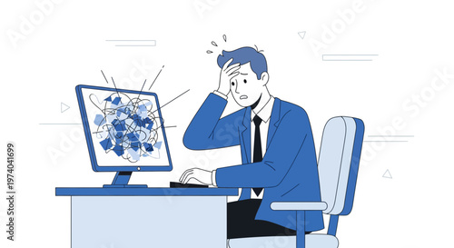 Frustrated businessman with headache holding head in front of glitching computer screen