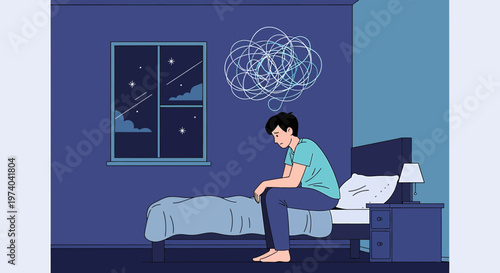 Man sitting on bed at night with anxious thoughts, insomnia concept
