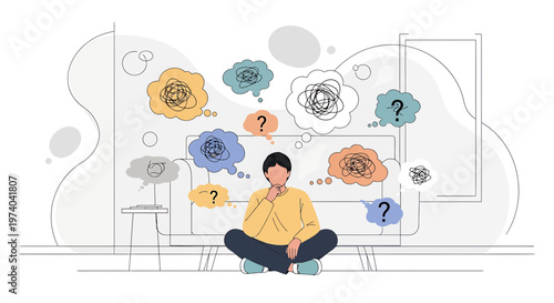 Man sitting in lotus pose surrounded by thought bubbles, contemplating life and questions