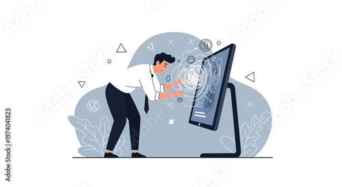 Man struggling with complex digital information on computer screen