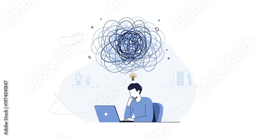 Man struggling with complex thoughts and confusion while working on laptop, idea bulb above head