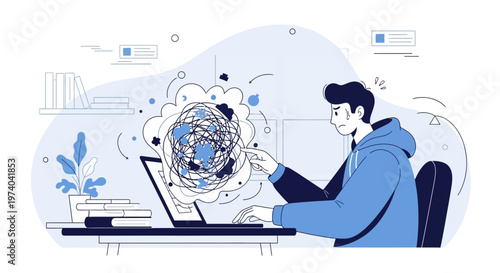 Man struggling with complex thoughts and information overload on laptop