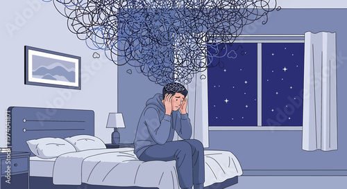 Man suffering from anxiety and stress, sitting on bed at night with tangled thoughts