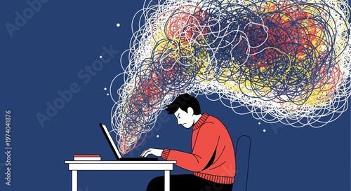 Man with chaotic thoughts over laptop screen, mental overload, stress, creative block