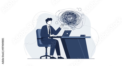 Man with tangled thoughts at desk with laptop, representing stress and confusion