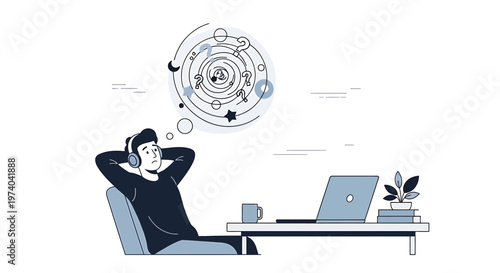 Man with headphones relaxing at desk, dreaming of music and space