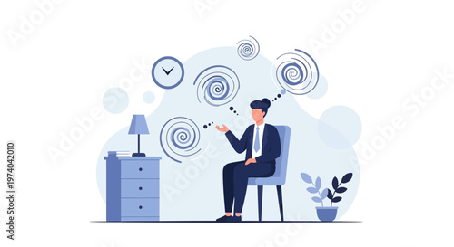 Psychologist hypnotizing patient with swirling patterns, clock, and therapy session concept
