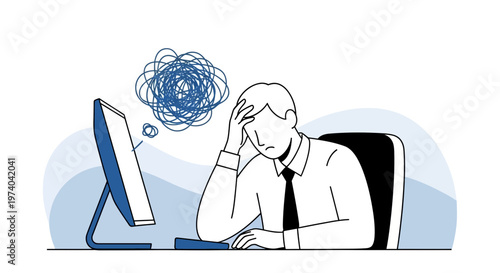Stressed businessman overwhelmed by work, mental breakdown at office desk with computer