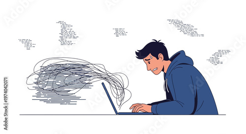 Stressed programmer overwhelmed by complex code on laptop, mental overload concept