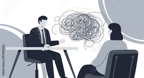 Therapist counseling patient with tangled thoughts representing mental health issues and anxiety