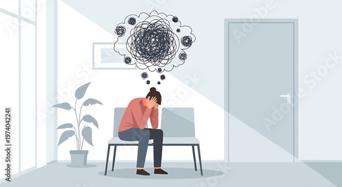 Woman sitting alone in waiting room, feeling stressed and anxious, mental health concept