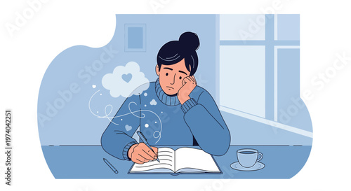 Woman writing in journal, lost in thought, dreaming of love and inspiration