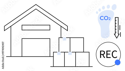 Logistics, sustainability, carbon neutrality, emission tracking, eco-friendly storage, recycling. A warehouse, stacked boxes carbon footprint and recycling icons. Logistics and sustainability
