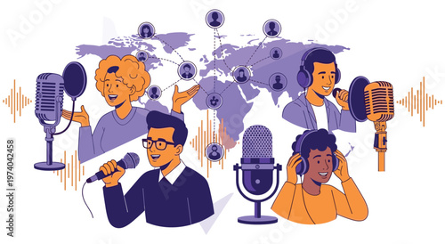 Diverse group of podcasters and radio hosts creating audio content with microphones, headphones, and a global network map, representing communication, media, and technology.