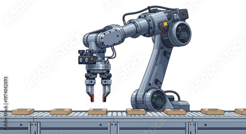 Detailed vector illustration showcasing a robotic arm placing packages on a conveyor belt in factory automation, set against a clean white background and rendered with a mechanical