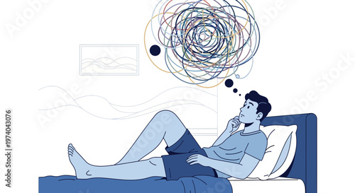 Man lying in bed with tangled thoughts in head, feeling stressed and anxious
