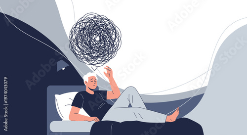 Man lying in bed with tangled thoughts in head, mental health concept