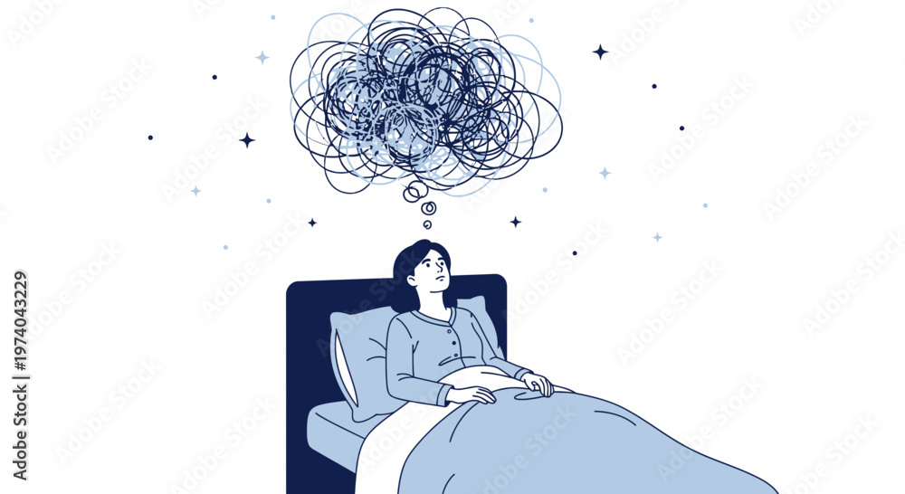 Fototapeta premium Person in bed with tangled thoughts in a thought bubble, representing anxiety and insomnia