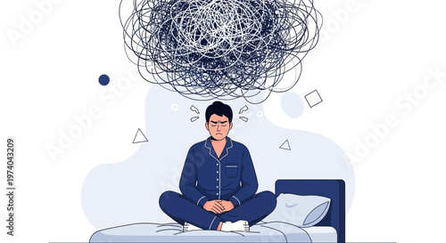 Man with tangled thoughts sitting on bed, mental health, anxiety, stress, insomnia concept