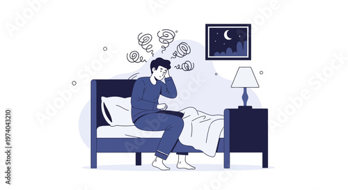 Man suffering from insomnia, anxiety, and stress sitting on bed at night