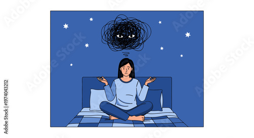 Woman meditating in bed at night, struggling with anxious thoughts and insomnia
