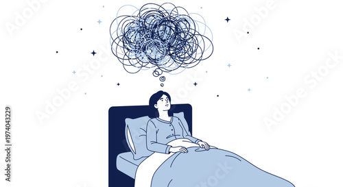 Person in bed with tangled thoughts in a thought bubble, representing anxiety and insomnia
