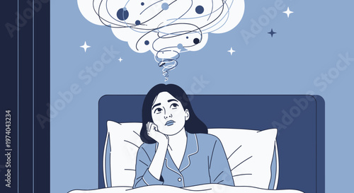 Woman lying in bed at night, lost in thought, with swirling abstract ideas above her head.